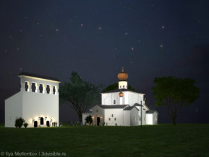 3D визуализация Церкви Успения с Парома со звонницей города Пскова