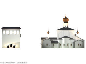 3D визуализация Церкви Успения с Парома со звонницей города Пскова. Задний фасад