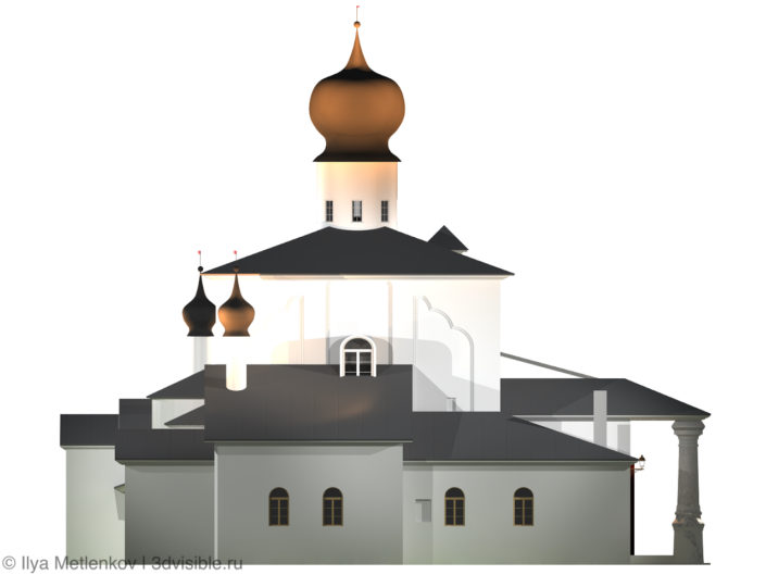 3D визуализация Церкви Успения с Парома со звонницей города Пскова. Левый фасад