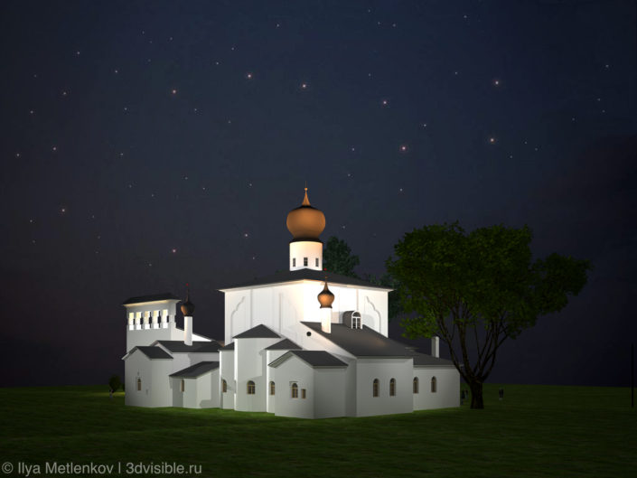 3D визуализация Церкви Успения с Парома со звонницей города Пскова