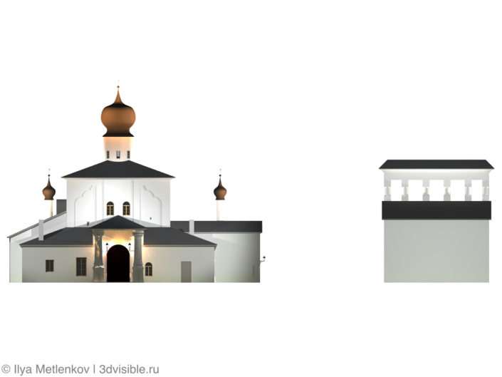 3D визуализация Церкви Успения с Парома со звонницей города Пскова. Главный фасад